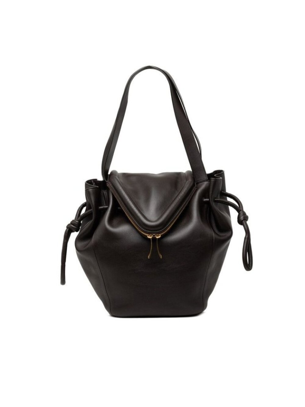 Bottega Veneta Beak Tote Shoulder Bag Drawstring Dark Brown Leather